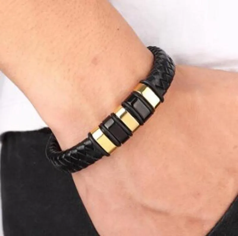 Bangle Men's Fashion Classic Party Jewelry Black Leather Magnetic Button Armband Casual