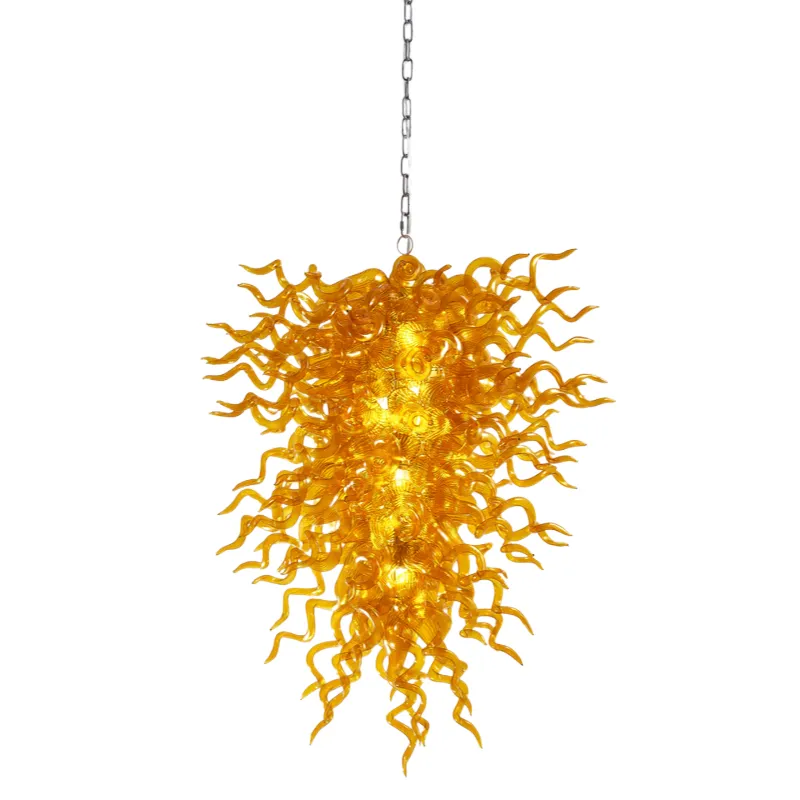 아트 데코 럭셔리 펜 던 트 조명 램프 100 % 손으로 만든 무라노 홈 거실 장식을위한 LED 전구와 노란색 유리 샹들리에