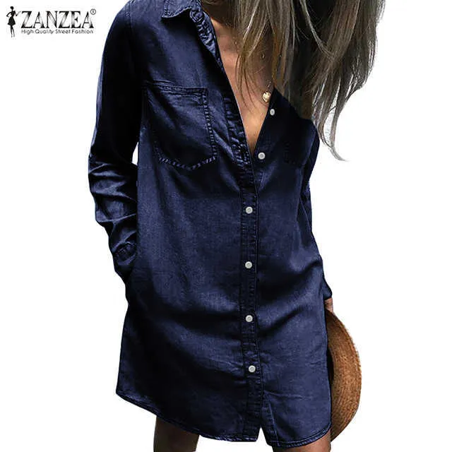 Kvinnor sexig mini dr2021 zanzea damer denim blå kort vestidos kvinnlig casual lapel nackfickor robe beach party sund7 x0529