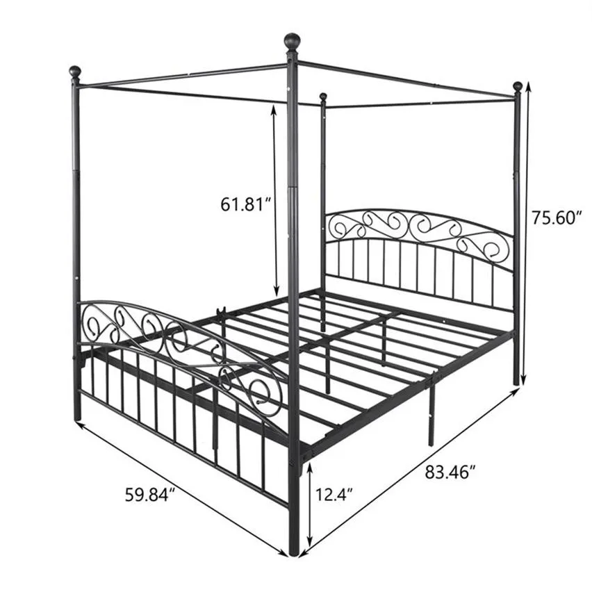 Metal Canopy Bed Frame med utsmyckad europeisk stil Huvudbräda Footboard Sturd Stål Håller 600 kg Passar perfekt din madrass Easy DIY Montering alla A52