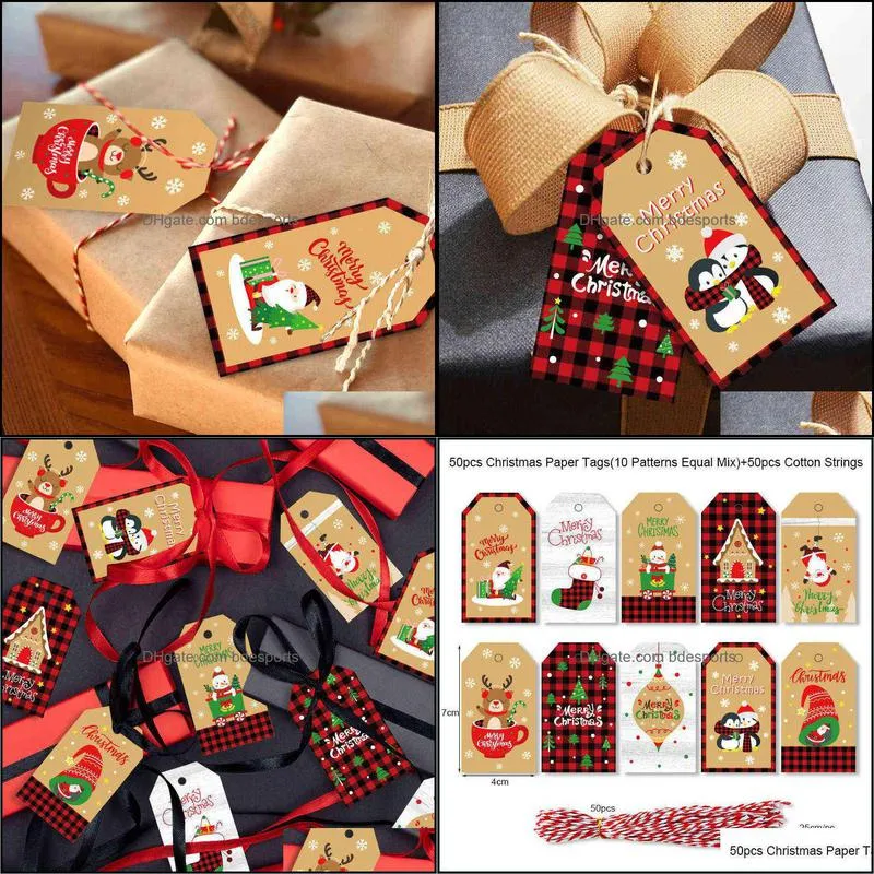 50Sets Christmas Kraft Paper Tags Merry Christmas Snowman Deer Gift Packaging Label Card Xmas Party Decor Hang Tags Garment Tag Y1230