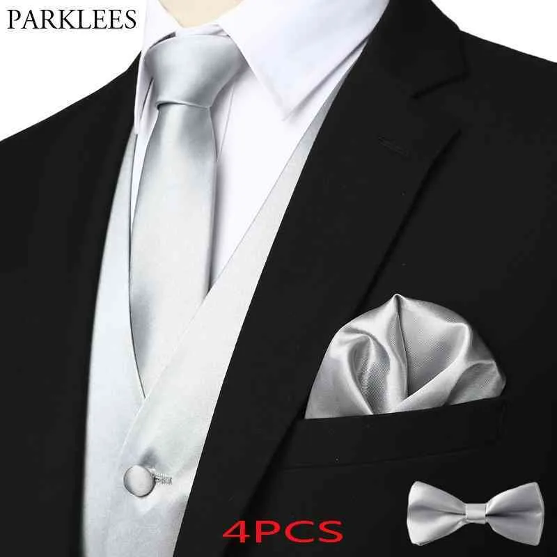 Męska Elegancka Sliver Silk 4PC Formalna Kamizelka Zestaw Nectie Kieszonkowy Kwadrat Bowtie Party Ślub Tuxedo Waistcoat Mężczyźni Chaleco Hombre 3XL 210522