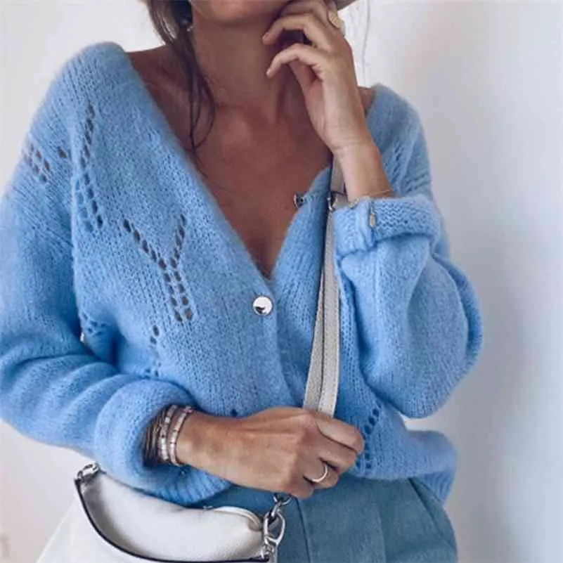 Retro Cardigan Kobiety Jesień Sweter Zimowy Kobiety Szydełkowane Hollow V-Neck Długi Rękaw Seksowna Bawełniana Kaszmirowa Dzianiny Kardigan 210514