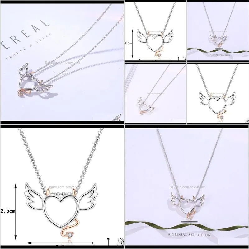 korean valentine`s day heart-shaped devil angel pendant simple two-color love wings clavicle necklace