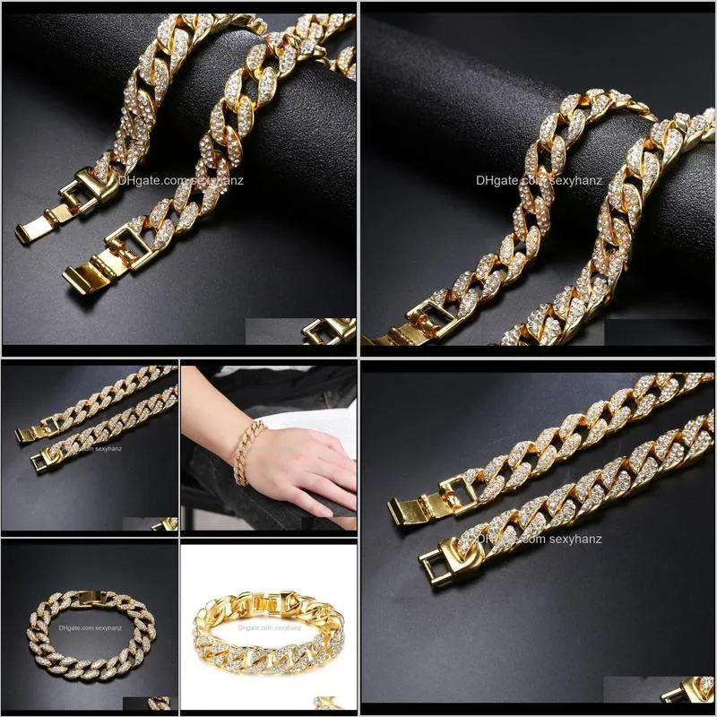 18k gold cuban chain bracelets for men hip hop 14mm 23cm iced out crystal  bracelet the hip hop king jewelry bangles gift
