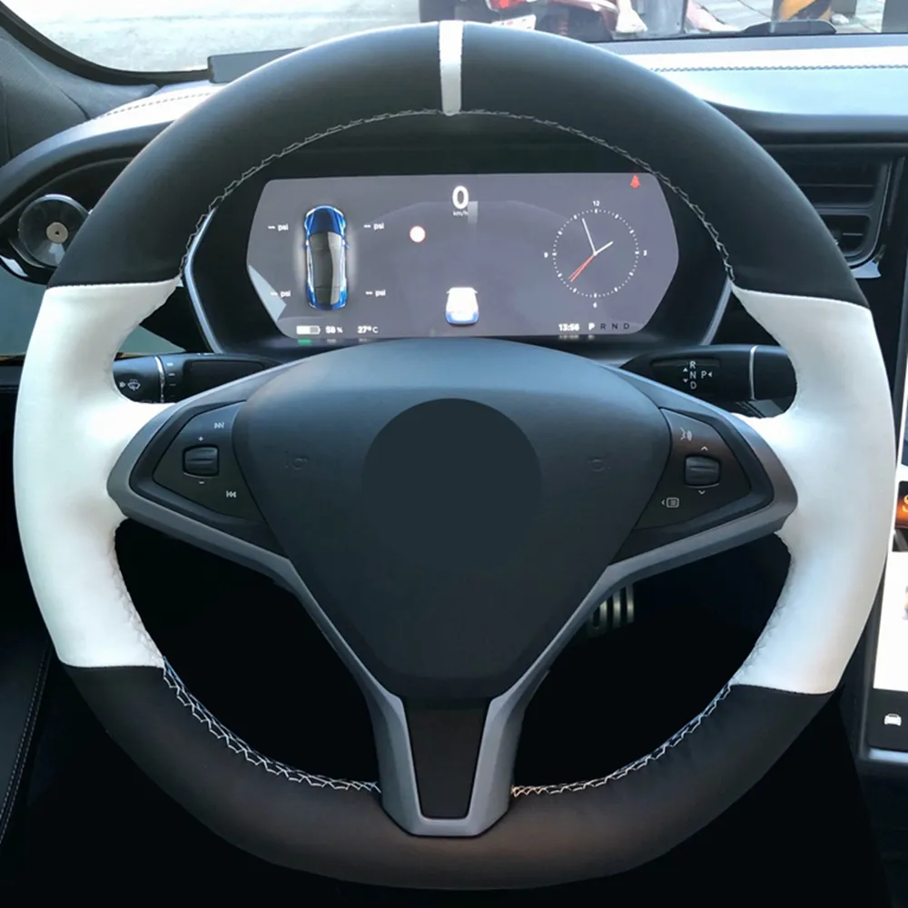 Auto-Lenkrad-Abdeckung, schwarz, echtes Leder, Wildleder, für Tesla Model S, Modell X, Geflecht am Lenkrad, Autozubehör