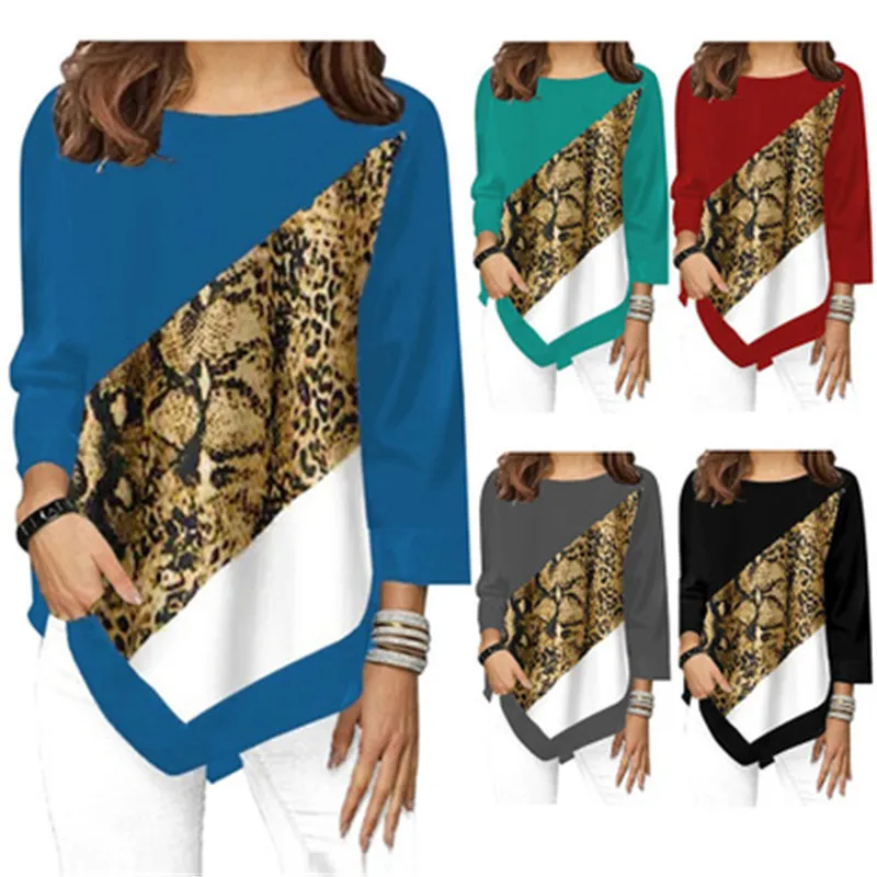Leopardo redondo pescoço womens t-shirt t-shirt moda tendência manga longa cacual pulôver tshirt designer mola feminina solta tees tops
