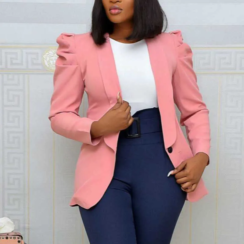 Femmes Blazer Bureau Dames Élégantes Vêtements d'extérieur à manches longues Vêtements de travail Chic Femme Rose Costume Africain Modeste Grande Taille Automne Mode 210930