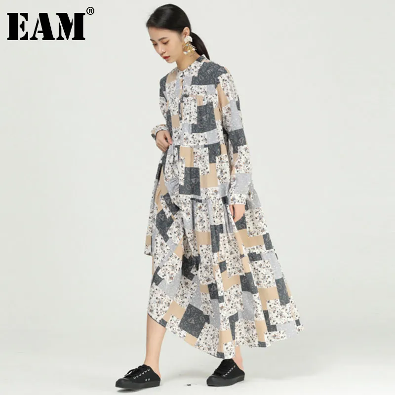[EAM] Kvinnor mönster tryckt stor storlek lång skjorta klänning stå krage långärmad lös mode vår höst 1dd7206 21512