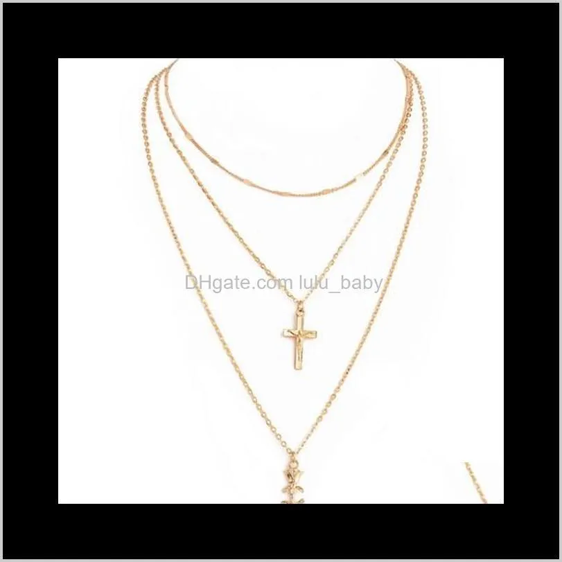 Womens Jewelry Multi Layer Necklaces Rose Cross Charm Chokers Necklaces Gold Filled Gifts For Womens /Girls