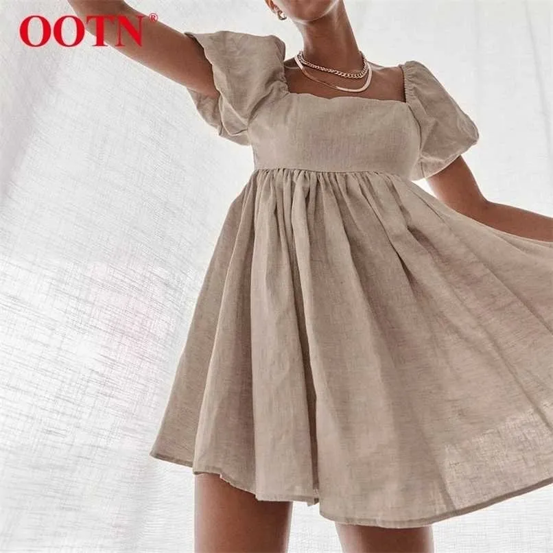 OOTN Vintage Rahat Kısa Elbise Yaz Kadın Puf Kollu Bir Çizgi Elbiseler Yüksek Bel Kare Yaka Keten Bayanlar Elbise Khaki 211029