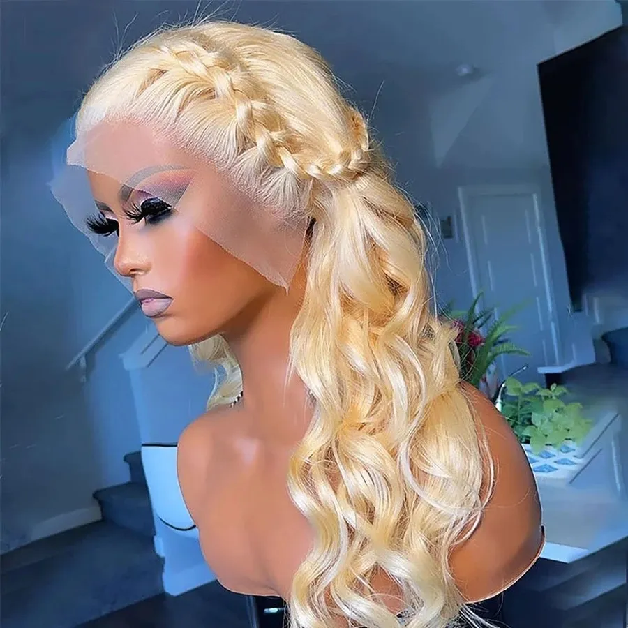 613 miodowy blond kolor brazylijskie peruki z ludzkich włosów 250% gęstość Body Wave przezroczysta syntetyczna koronka peruka na przód dla kobiet