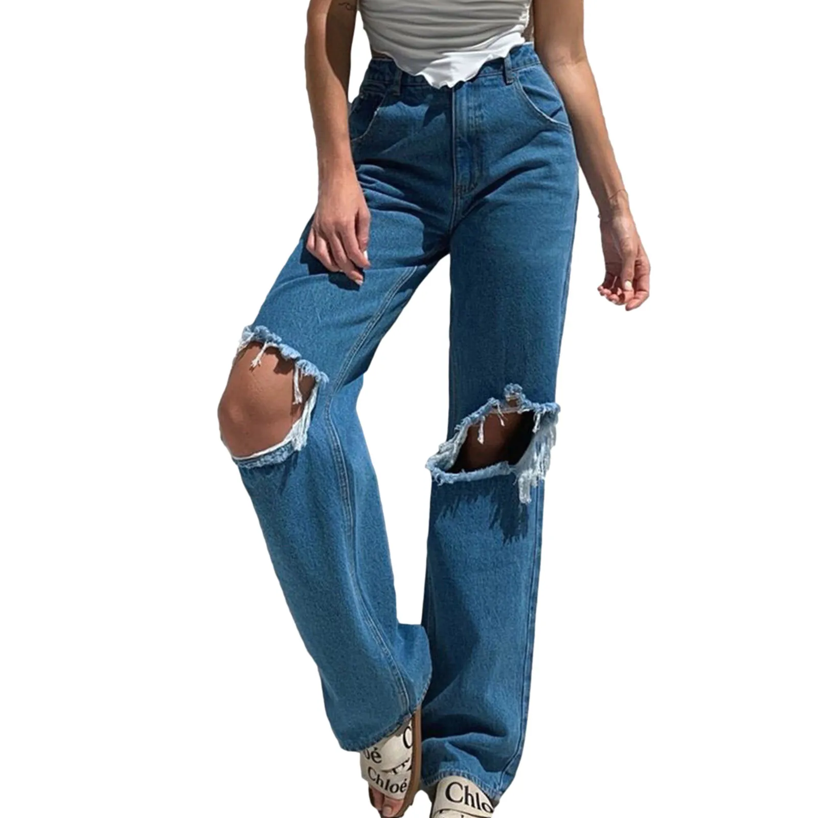 Denim Jean Women Vintage Streetwear Losse High Tailled Baggy Mom Jeans broek Casual Losse Loze Been broek Gat jeans