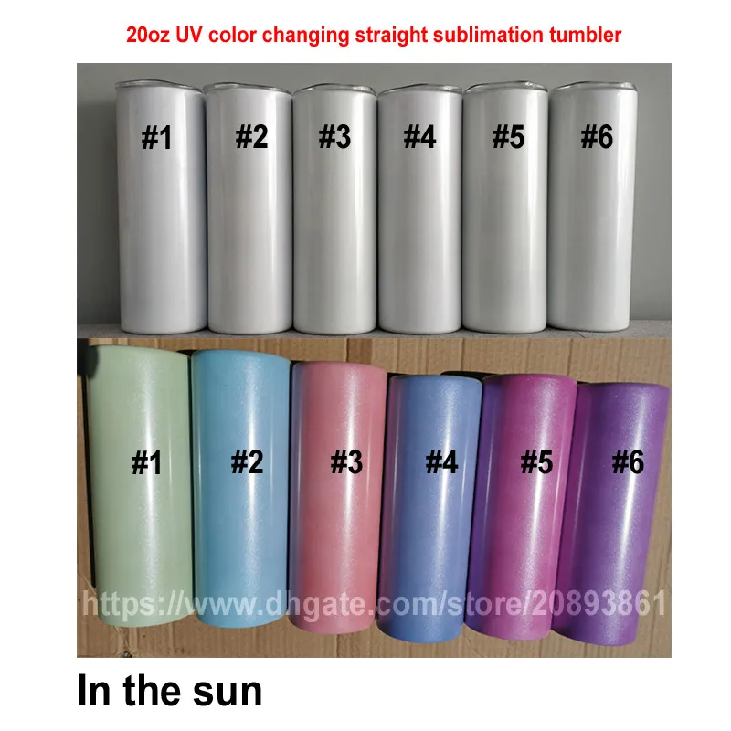 UV-kleur veranderen sublimatie blanks waterflessen 20oz Gliter zonlicht detecteren roestvrijstalen rechte mager koffiemok met plastic stro