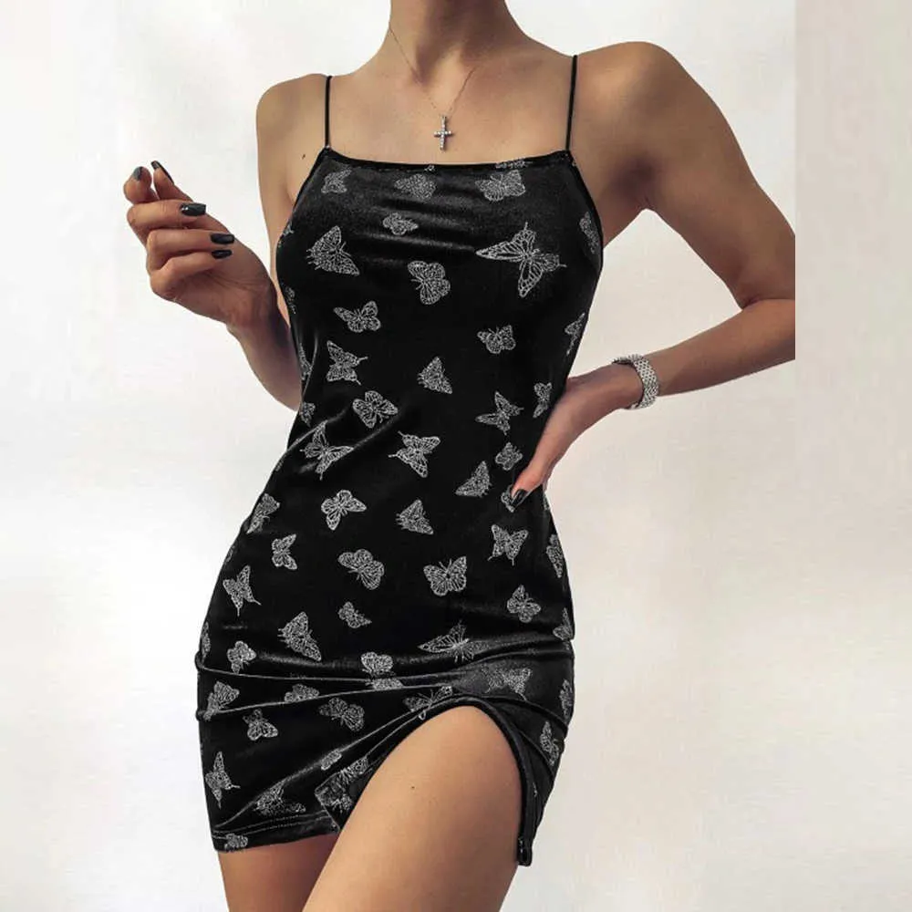 Черное платье женщины летние спагетти ремешок без спины плеча мини эс леди мода повседневный сплит сексуальный 210526