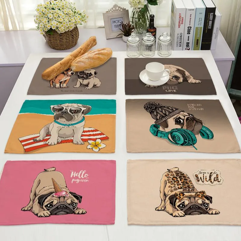 Tapis de Table en forme de chien amusant, décoration de salle à manger, napperon rose, accessoires de cuisine, nappe imperméable