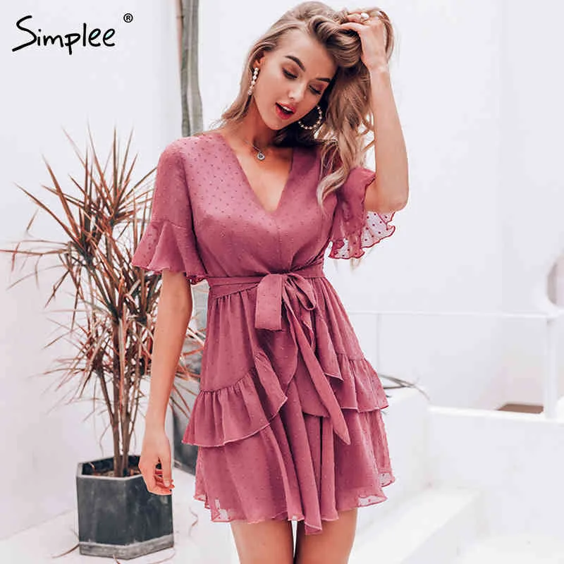 Sexy v-neck polka dot women dress Summer style layer ruffle chiffon short sundress Elegant zipper holiday vestidos 210414