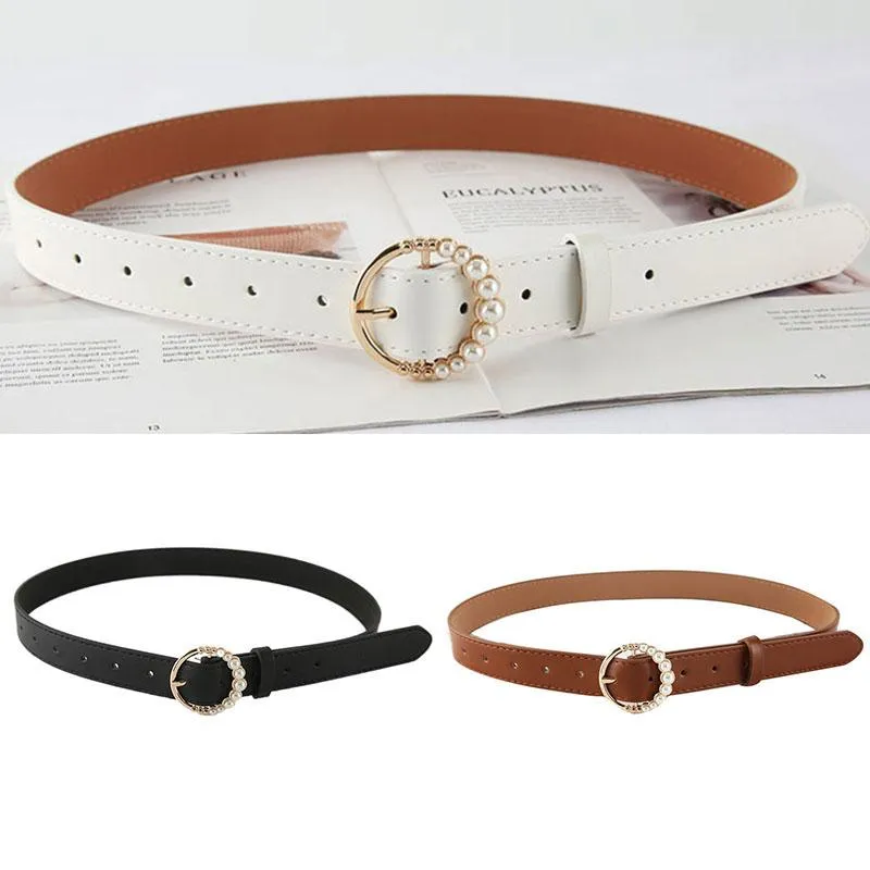 Belts Leather Belt Women Waist Luxury Black Red For Jeans Dresses Woman Pearl Studded Buckle Girls Ladies Fashion Decorative