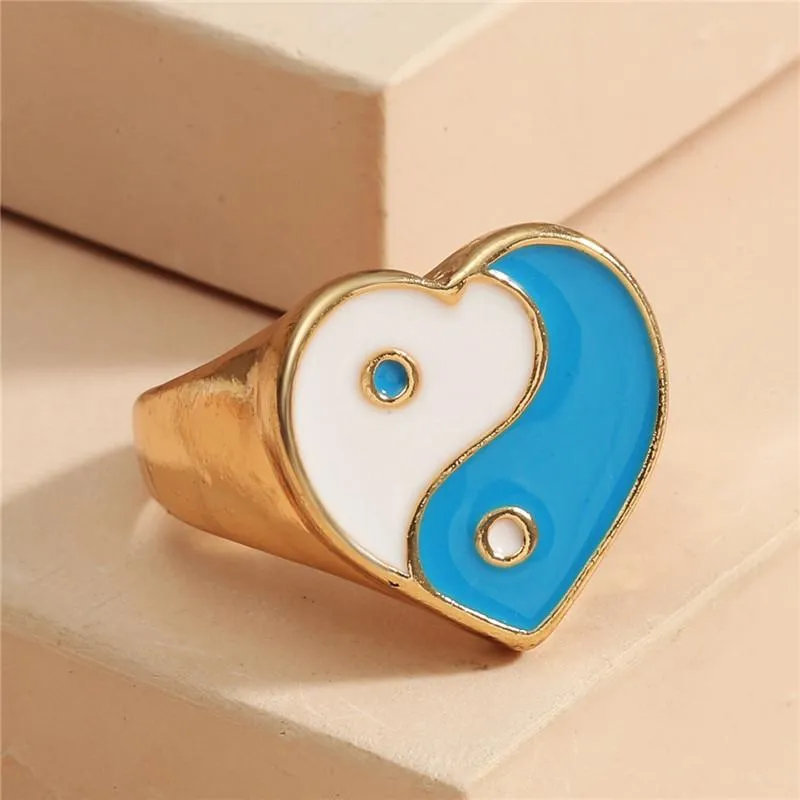 Gossip Contrast Color Heart Ring European Women Oil Drop Alloy Finger Rings Daily Party Gift Gold Hand Jewelry Fashion Accessories