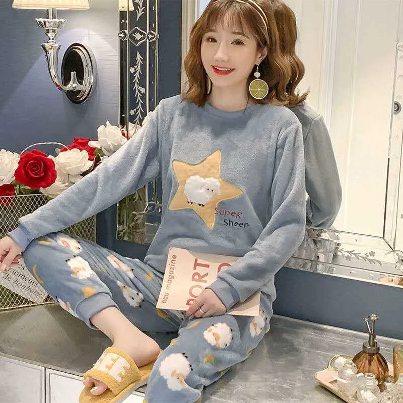 Winter Flannel Womens Long Sleeve Pajama Set With Cartoon Velvet Thicken  Feminino Cotton Sleepwear For Home 210831 From Dou08, $14.73