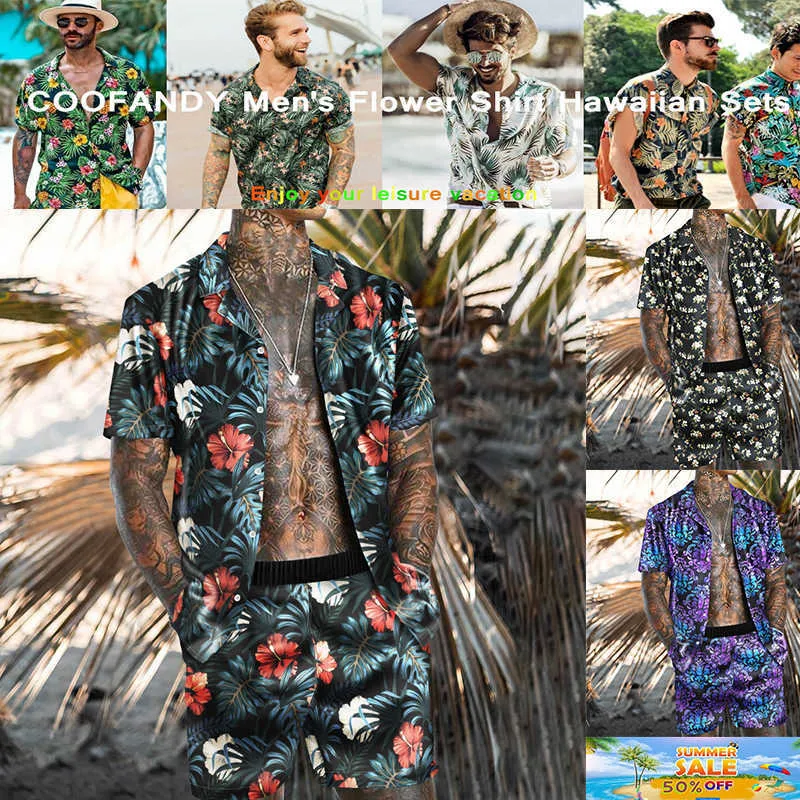 Mannen Hawaiian Printing Shirt Sets 2021 Zomer Korte Mouw Button Shirt Strand Shorts Streetwear Casual Mens Pak twee stukken X0610