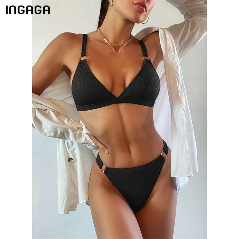 Ingaga Ribbed Bikinis High Leg Swimwear Mulheres Swimsuits Femininos Push Up Biquini Sexy Sólido Terno de Banho De Verão Biquini Set 210712