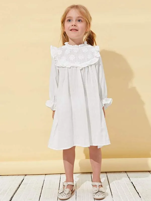Toddler Girls Ruffle Trim Embroidered Yoke Smock Dress SHE