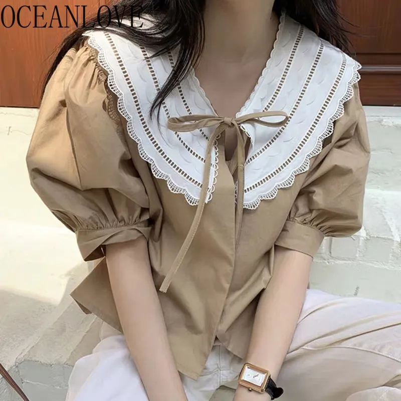 Koreanska söta blusas peter pan krage sommar spets upp korta kvinnor blusar puff ärm retro ropa mujer 210415