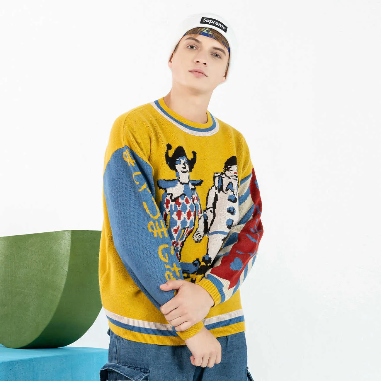 Harajuku Patchwork Clown Print Knitted Sweater For Men