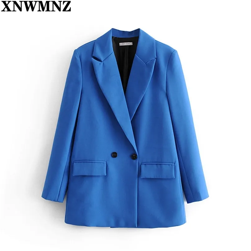 Femmes mode couleur unie décontracté tenue de bureau costume Blazer Double boutonnage manteaux à manches longues col cranté Femme Blazers 210520
