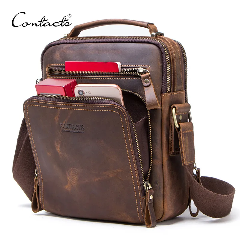 Contact Crazy Horse Cuir Sac à bandoulière Messenger Vintage Sacs Messenger Hommes Bolsos Homme Bandbody Sacs Sacs Sac à main de l'homme