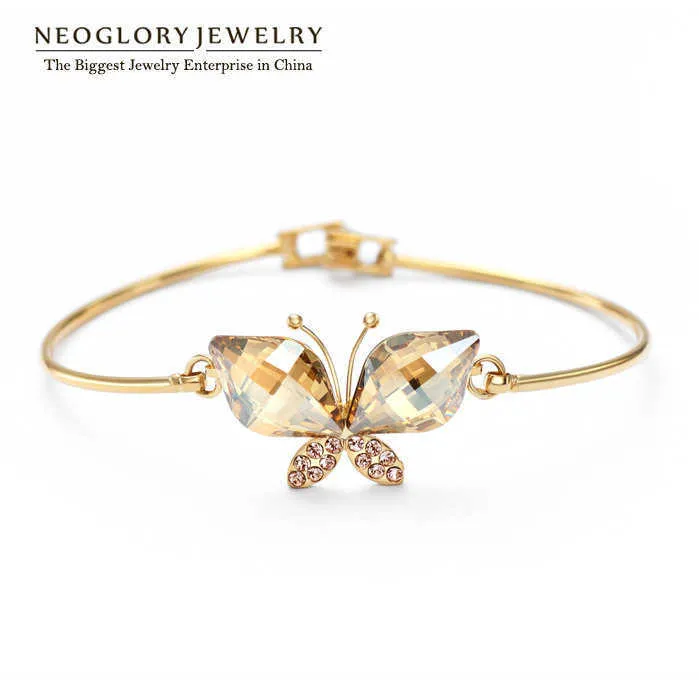 Neoglory Austrian Crystal Butterfly Design Bangles Bracelets Light Yellow Gold Color for Women Jewelry 2020 New Js6 But-g Q0720