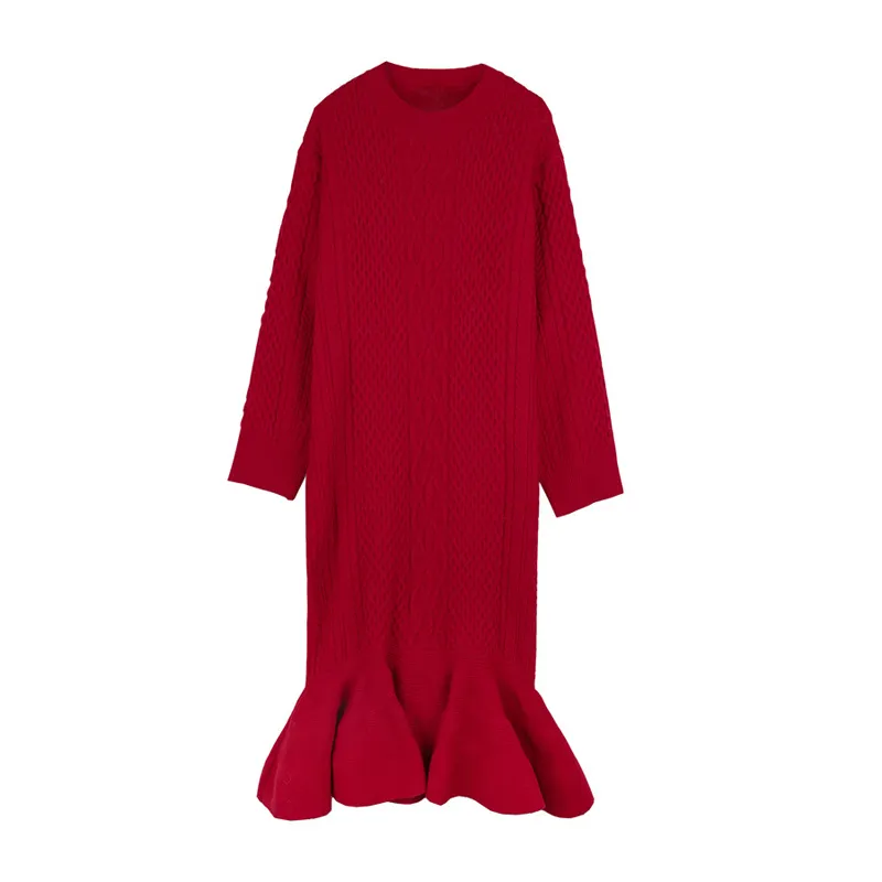 Knitted Red Crew Neck Midi Sweater Dress Autumn Winter Elegant Long Sleeve Stragiht Loose Ruffle Cable Solid D1564 210514
