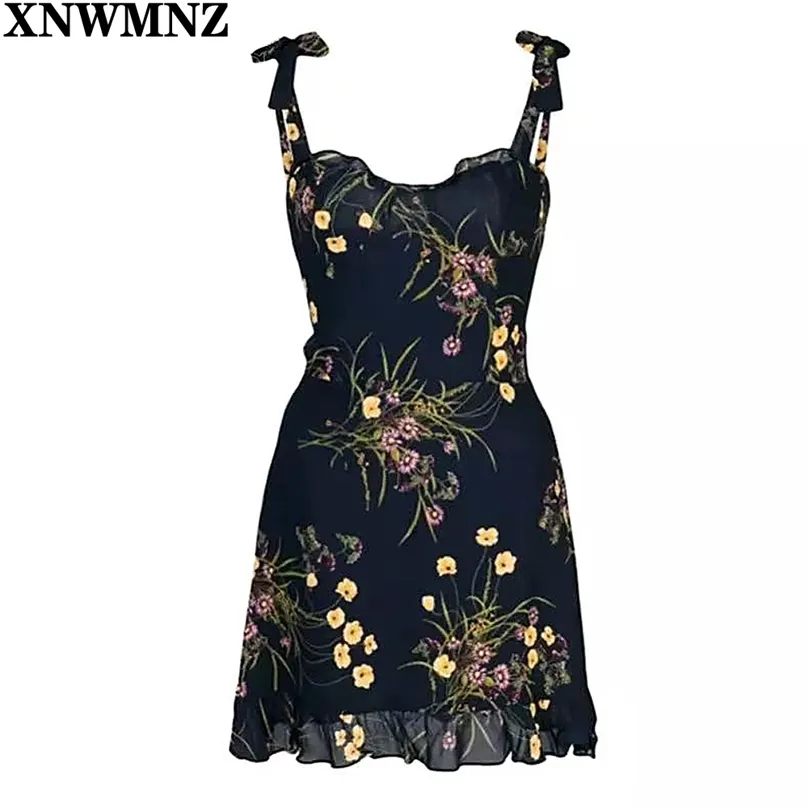 Retro Justera Spaghetti Strap Kvinnor Klänning Chiffon Vestid Chic Navy Blommigryck Ruffles Sommar Mini Dress Drop Ship 210520