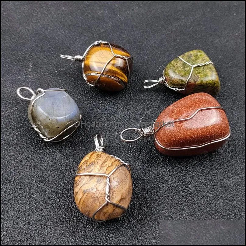 Irregular Natural Tumbled Stones Pendant Alloy wire Winding Jasper Tiger Eye Labradorite Healing Crystal Gem DIY Necklace