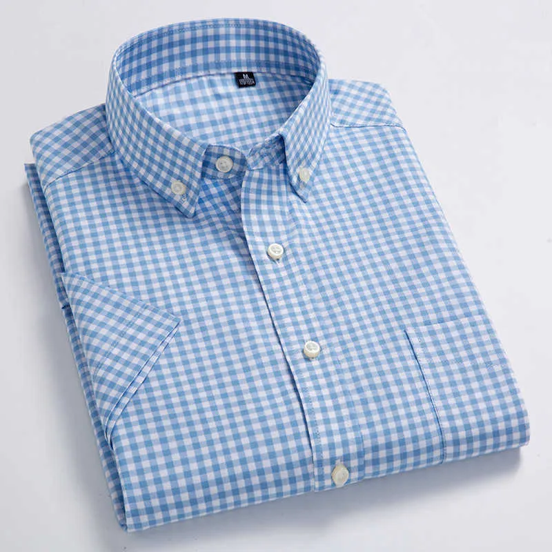 Homens de verão camisas de manga curta 100% algodão xadrez camiseta Coreano Slim Casual Camisa Camisa Checkered Camisa Luxo Homens Roupas 210609