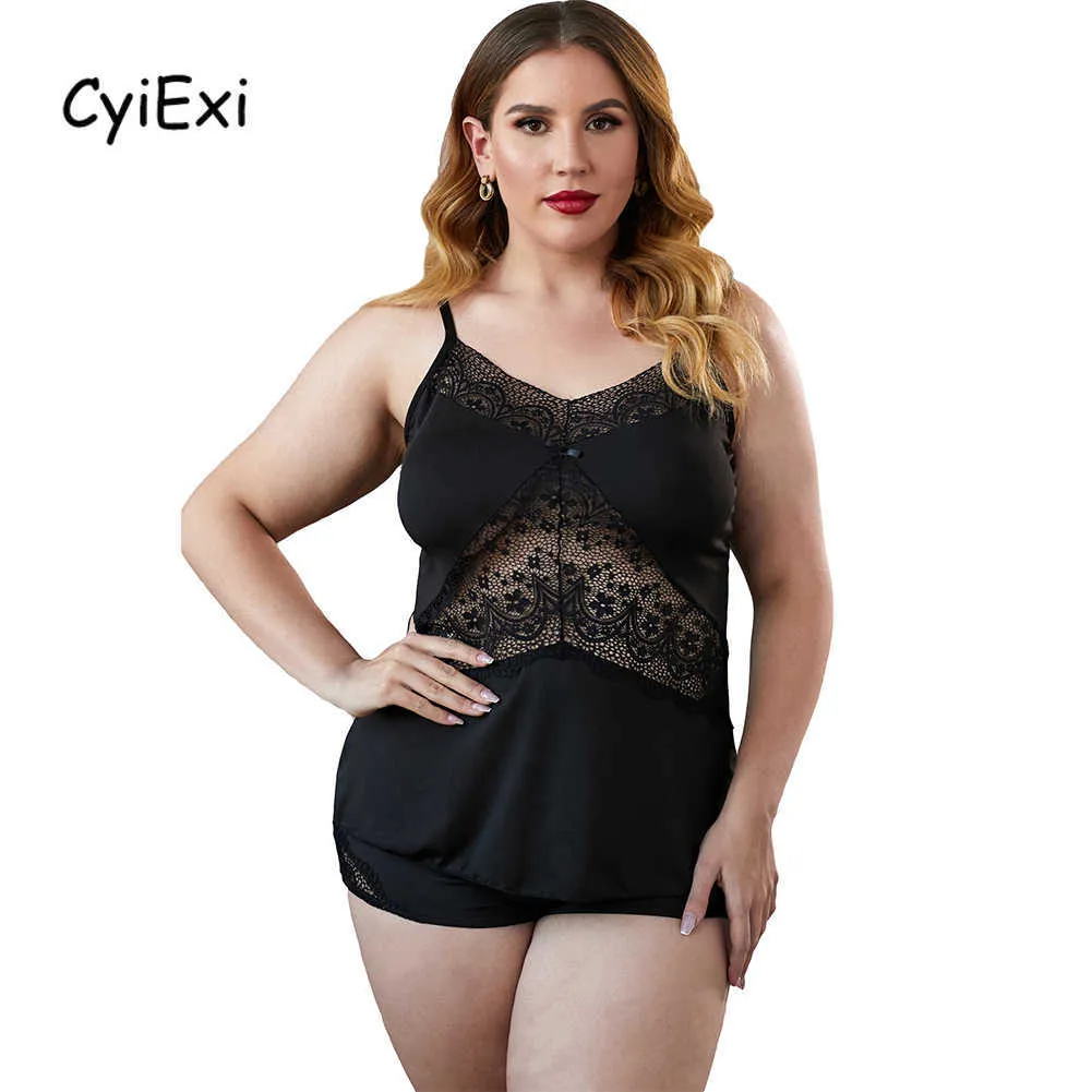 Cysiexi Damskie Plus Size Koronki Łączenie Sexy Piżamy Zestaw Camisole i Szorty 2 Sztuki Zestawy Kobiet Sen Wear Night Loungewear 5XL Q0706