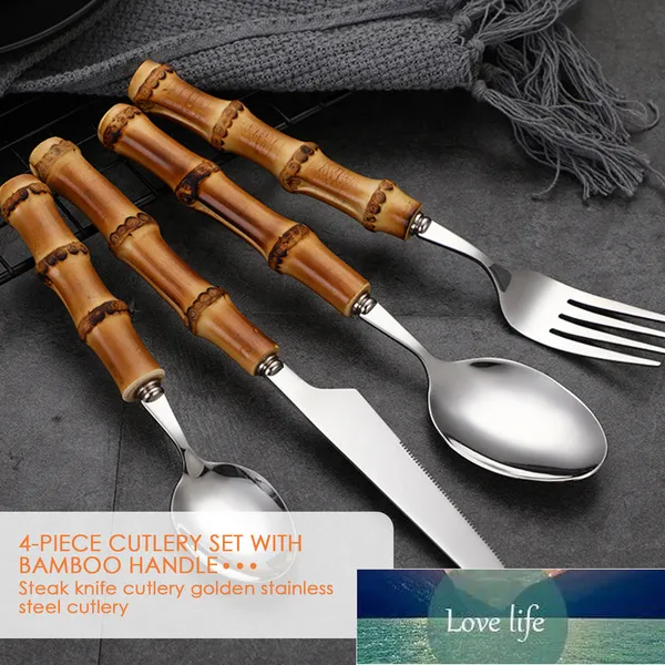 4 ADET Bambu Kolu Sofra Set Biftek Bıçaklar Çatal Altın Paslanmaz Çelik Sofra Takımı Çatal Mutfak Için Yemek Seti Set