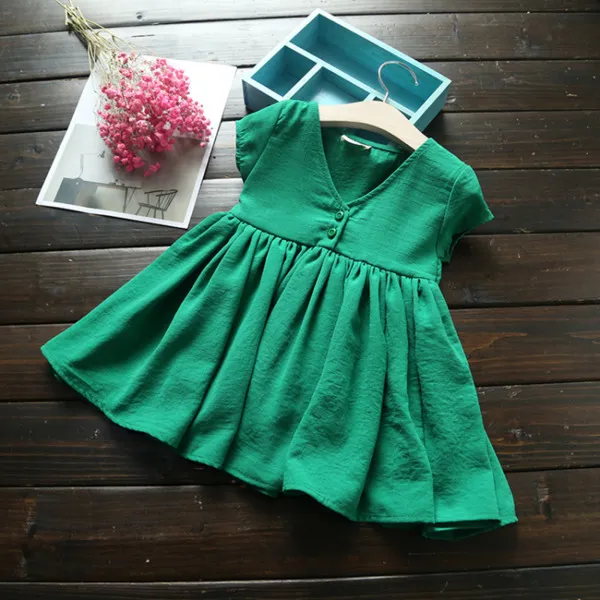 Summer Kids Dresses for Girls Casual V-neck Bowknot Clothing Cute Baby Toddler Girl Princess Party Red Green Linen Dress Q0716