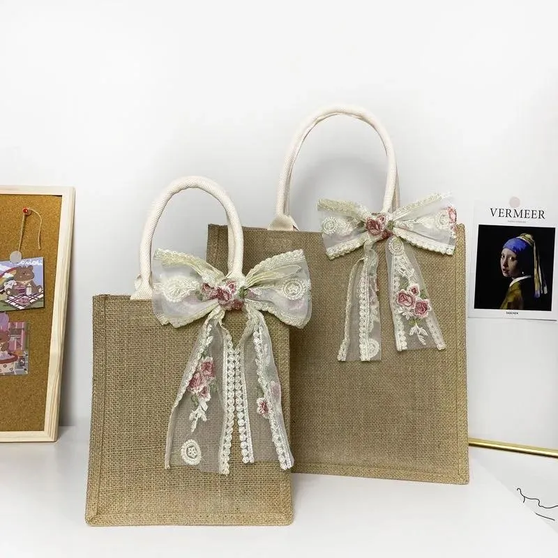 Gift Wrap Wholes 100pcs Lot Custom Jute Bags With Handles Reusabla And Recycled Tote Bag Bow For Shopping Gifts Customized L286A