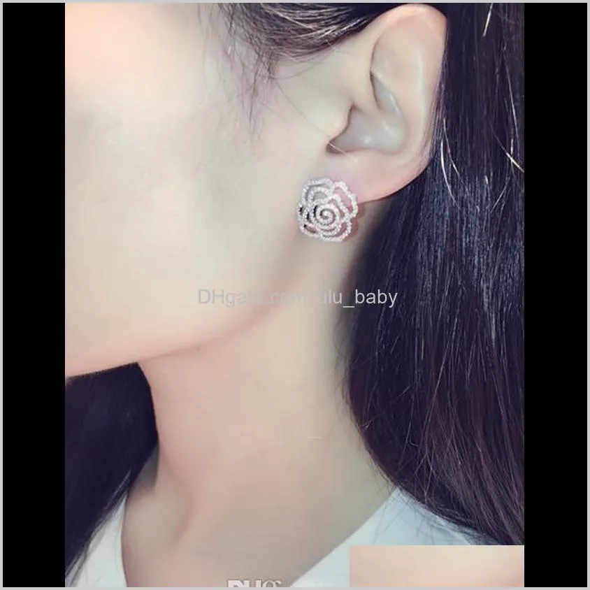 super glittering new hot ins fashion luxury designer diamonds zircon elegant camellia rose flower stud earrings for woman girls gold