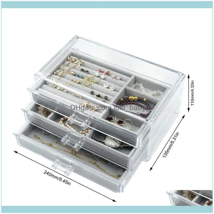 Jewelry Pouches, Bags Acrylic Box 3 Drawers Velvet Jewellery Organizer For Earring Rings Necklaces Bracelets Display Case Gift Women