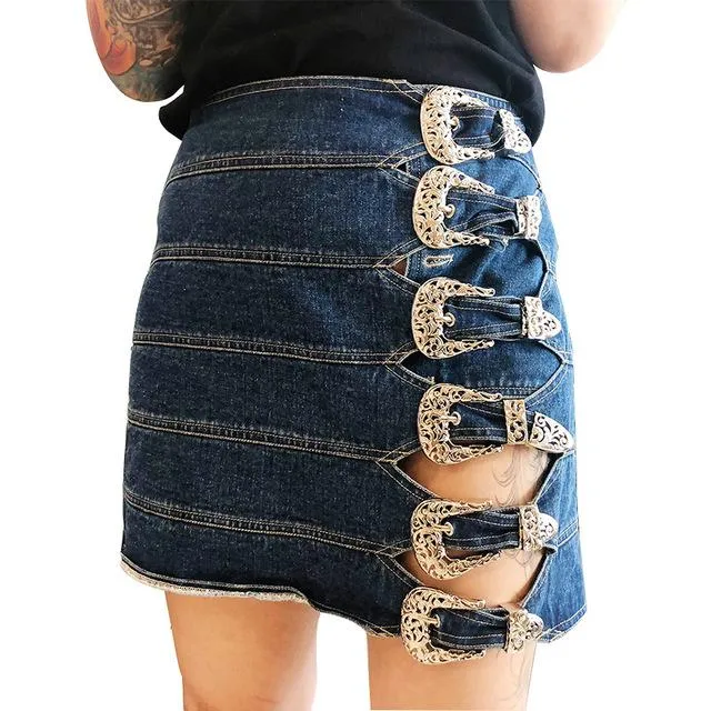 Runway kjol kvinnor designer mode punk knapp jeans mini hög midja damer blyerts denim kort 2021 kjolar