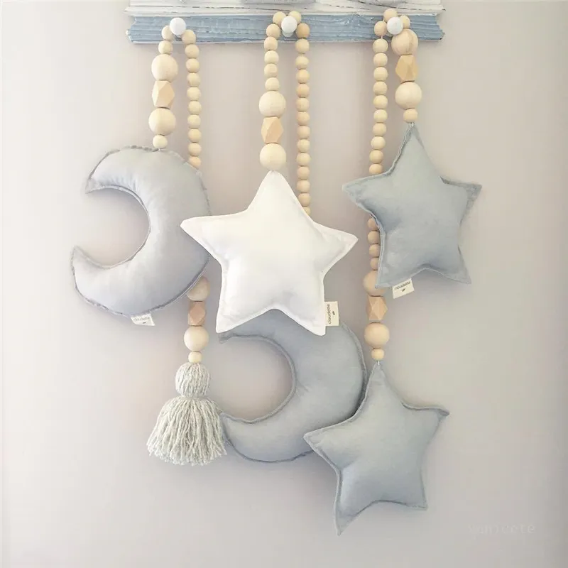 Estilo nórdico grânulos de madeira decoração lua estrela coração enfeites sonho catcher kids room parede pendurado tendas decorativas t9i001271