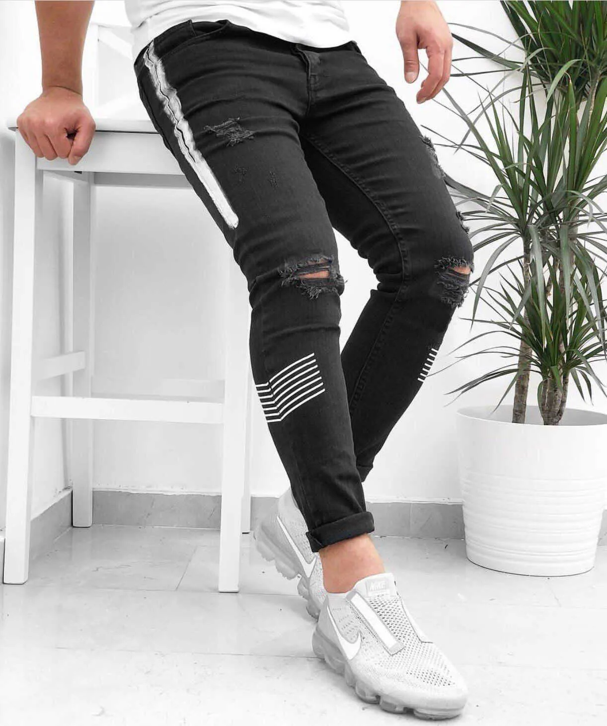 Masculino Skinny Rasgado Jeans Slim Moto Skinny Lápis Calças Lateral Listra Impressão Jeans 2021streetwear Jogging Denim Traje S - 3xL X0621