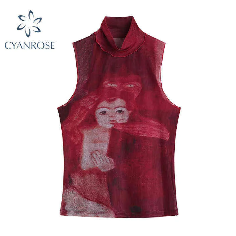 Tie Dye Mesh High Neck Hand Painted Printed Women Top 2022 Summer Fashion Sleeveless Slim T Shirt Lady Holiday Beach Style Topps 220207