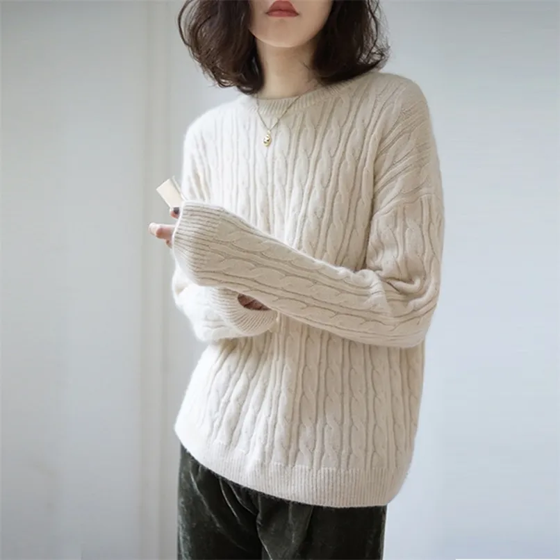 Cashmere Sweater Mulheres cabeça redonda o-pescoço manga comprida solta grossa torção cor sólida camisolas de malha tops outono inverno pulôver 210918