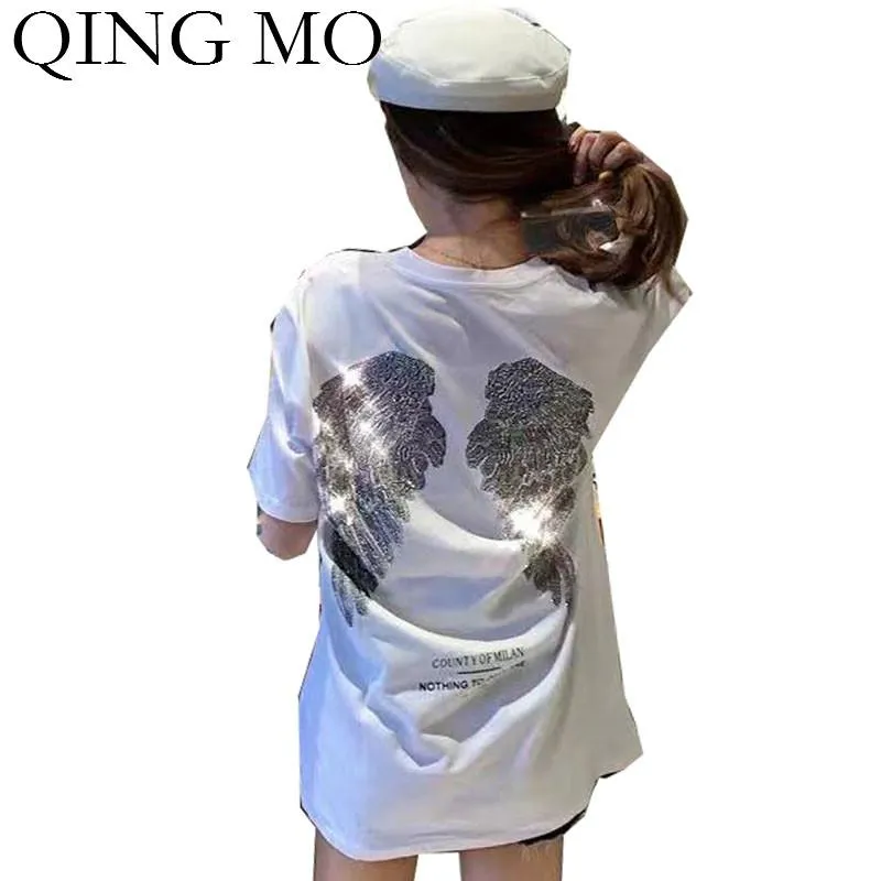 女性のTシャツQing Moブラックホワイト女性ウィングプリントTシャツ2021サマーラインストーン女性レタープラスサイズZQY3753