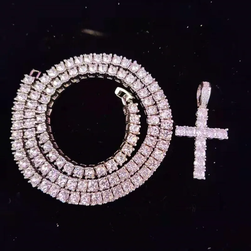 Colliers pendentifs hommes femmes Hip Hop collier croix avec chaîne de tennis en zircon de 4 mm glacé Bg HipHop bijoux cadeau de mode_voghion.com