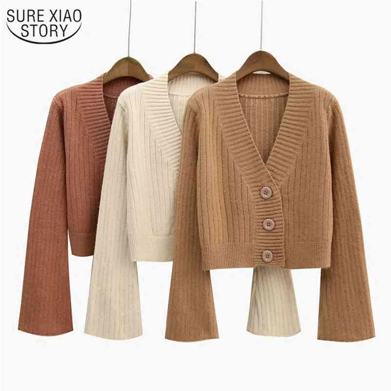 Autumn Women Ribbed Knitted Cotton Sweater Short Cardigan Long Flare Sleeve Ladies Soft Outwear Female 10937 210508